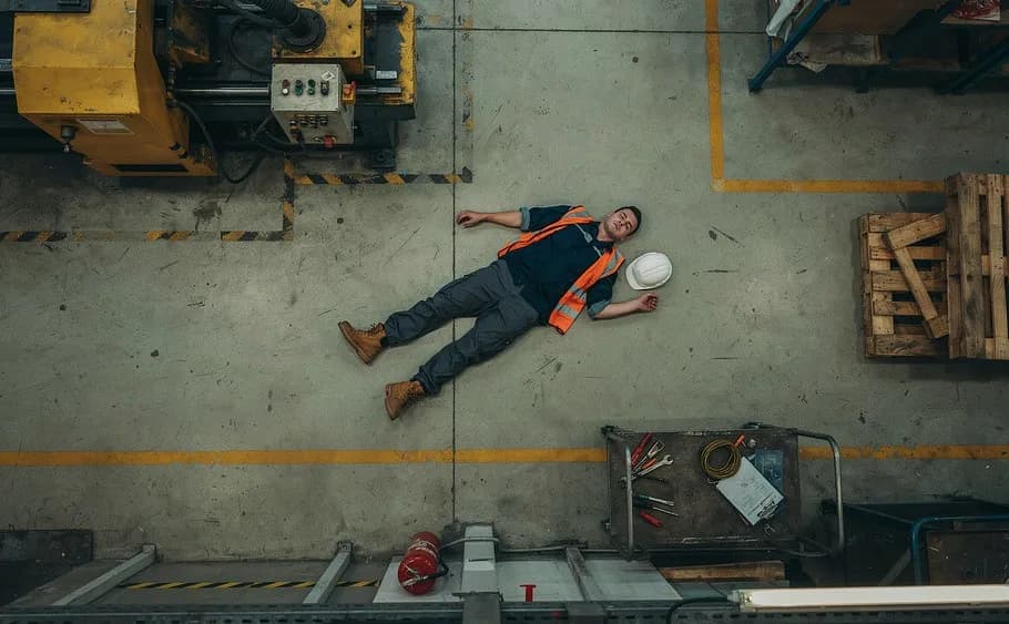Overhead view of a worker lying on a factory floor beside a marked zone