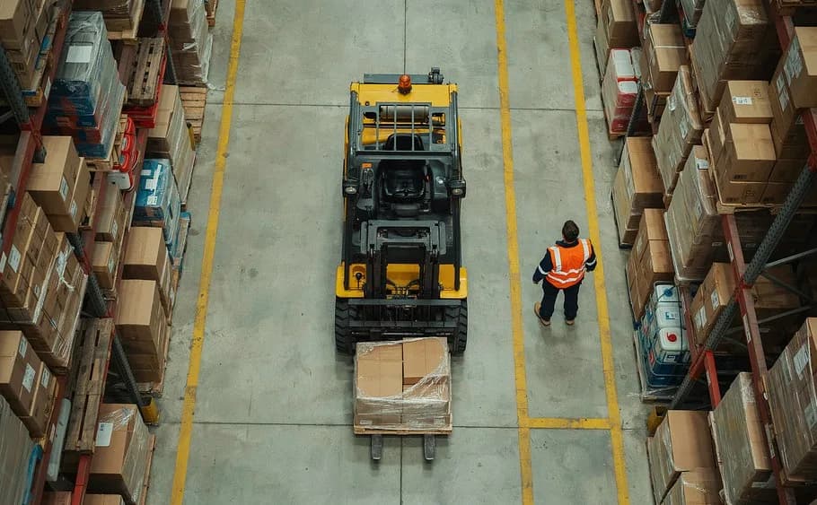 Overhead view of a warehouse aisle with a forklift passing a pedestrian