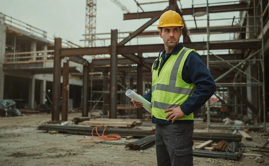A worker in a hard hat and high-visibility vest on a steel structure