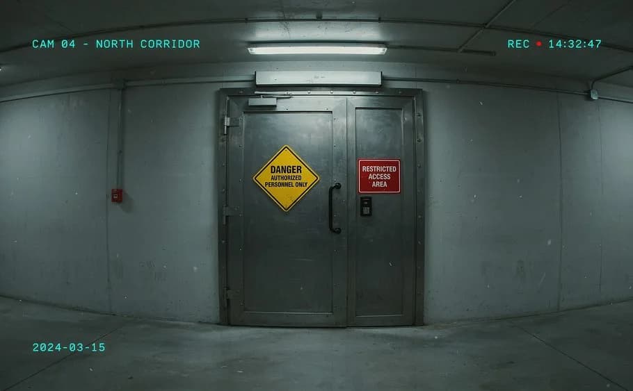 A restricted access door seen through a security camera