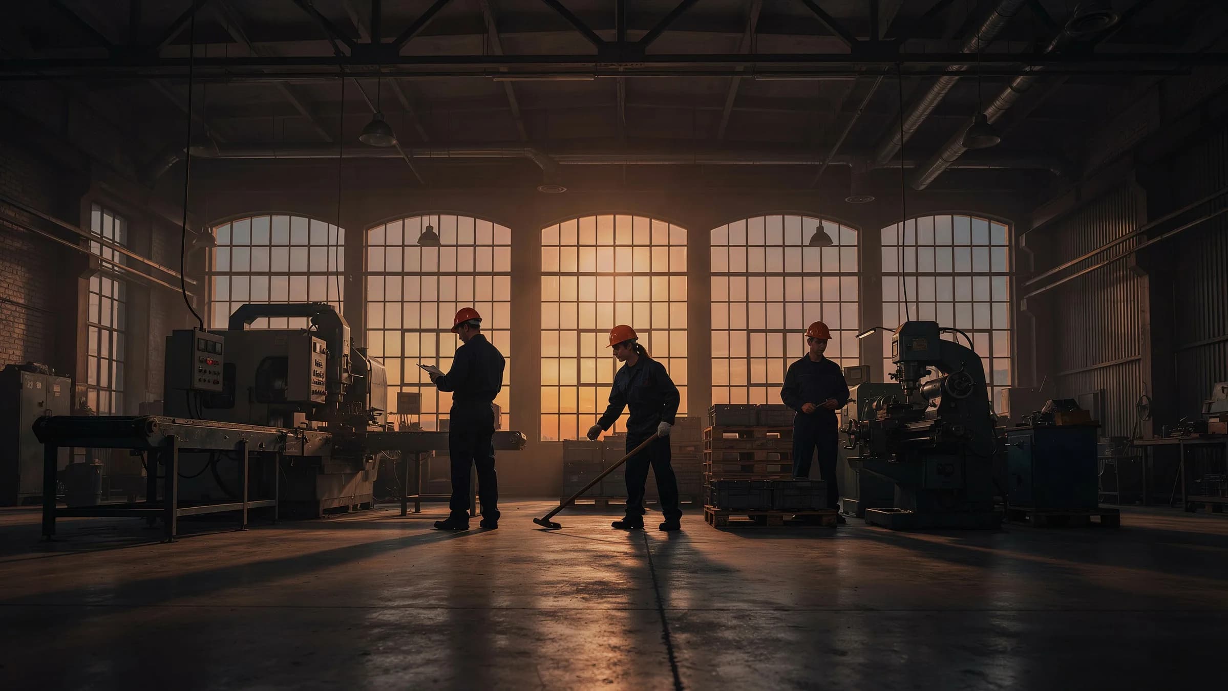 Workers moving through a bright industrial hall