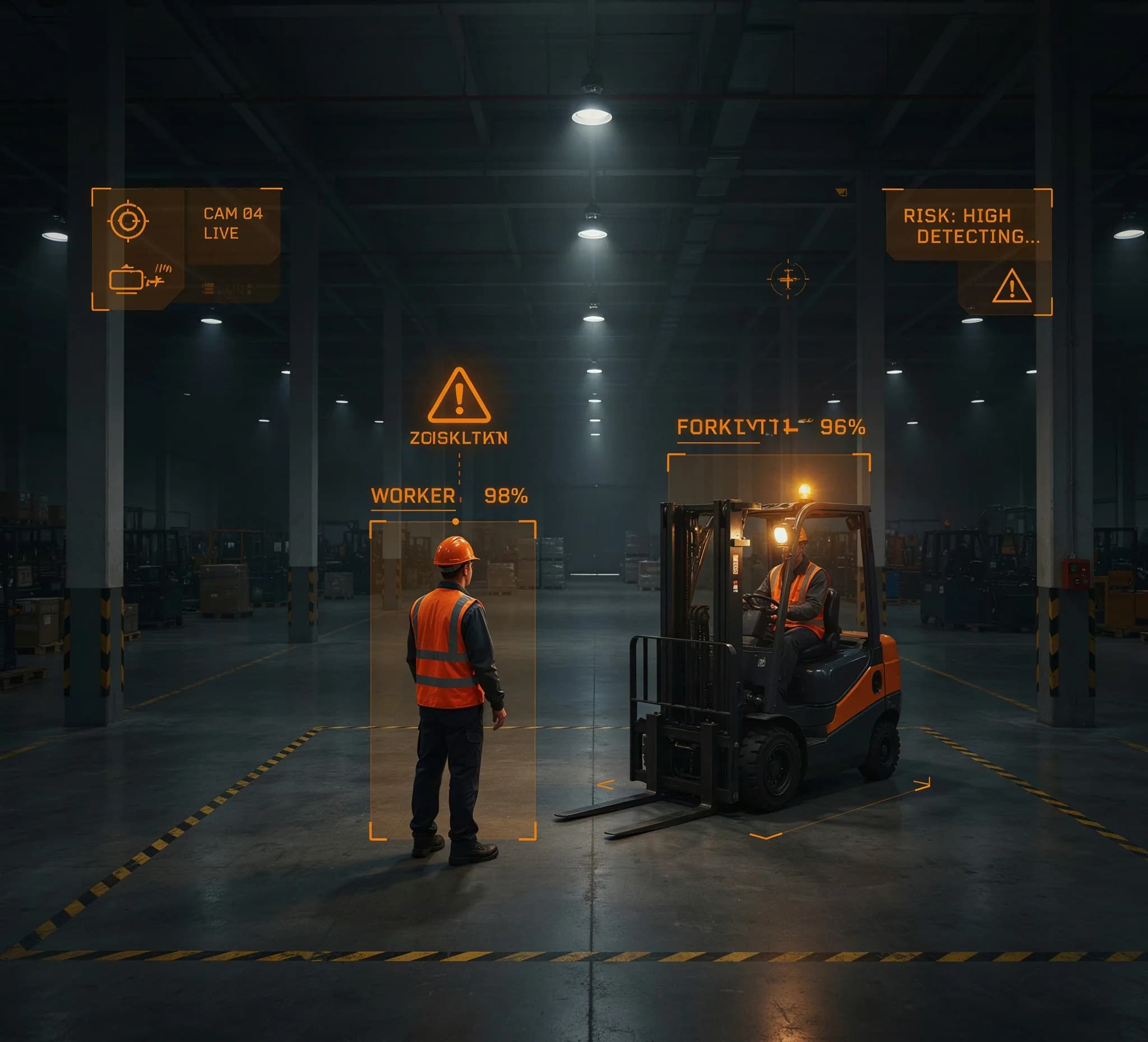 A worker in a high-visibility vest standing in the path of a moving forklift in a warehouse