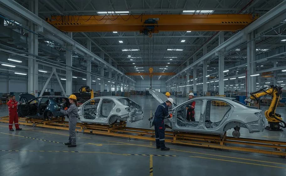 An automotive assembly line with vehicle bodies and workers
