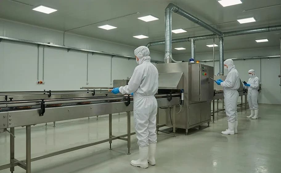 A hygiene-controlled food production room with workers in protective clothing