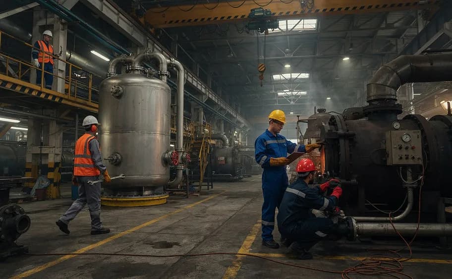 Workers in protective clothing beside large industrial tanks and machinery