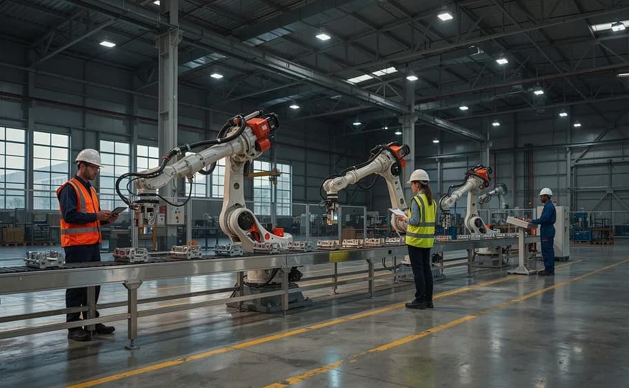 A manufacturing hall with robotic equipment and workers in high-visibility clothing