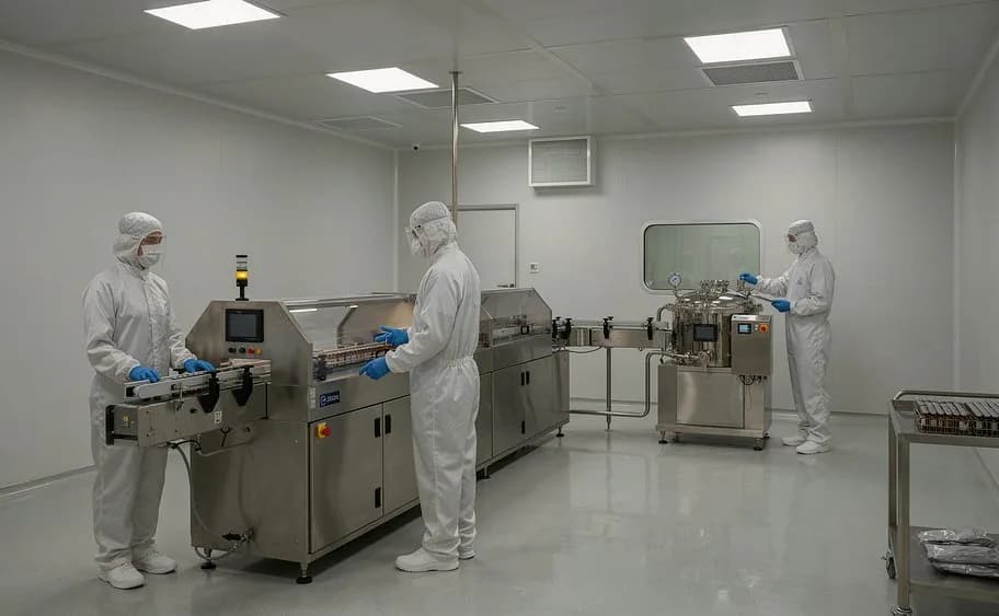 A pharmaceutical cleanroom with production equipment and gowned operators