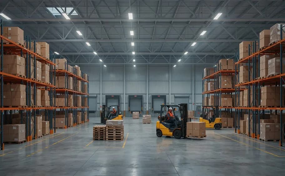 A high-bay warehouse with racking and forklifts in motion